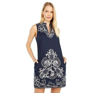 Tory Burch Sleeveless Cotton Embroidered Navy Tunic Dress Size Large